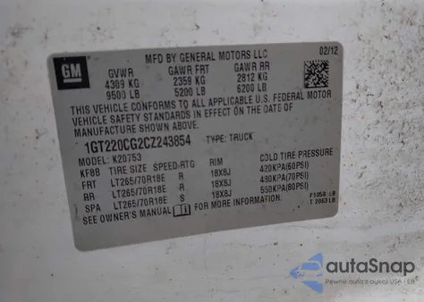 2012 GMC Sierra 2500Hd Sle z USA, uszkodzony, nr VIN 1GT220CG2CZ243854